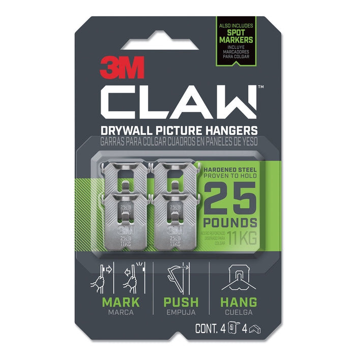 Claw Drywall Picture Hanger, Holds 25 lbs, 4 Hooks and 4 Spot Markers, Stainless Steel