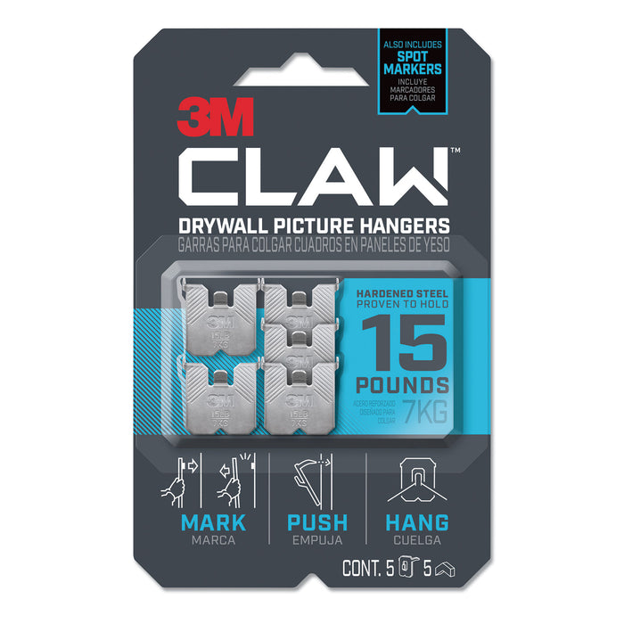 Claw Drywall Picture Hanger, Holds 15 lbs, 5 Hooks and 5 Spot Markers, Stainless Steel