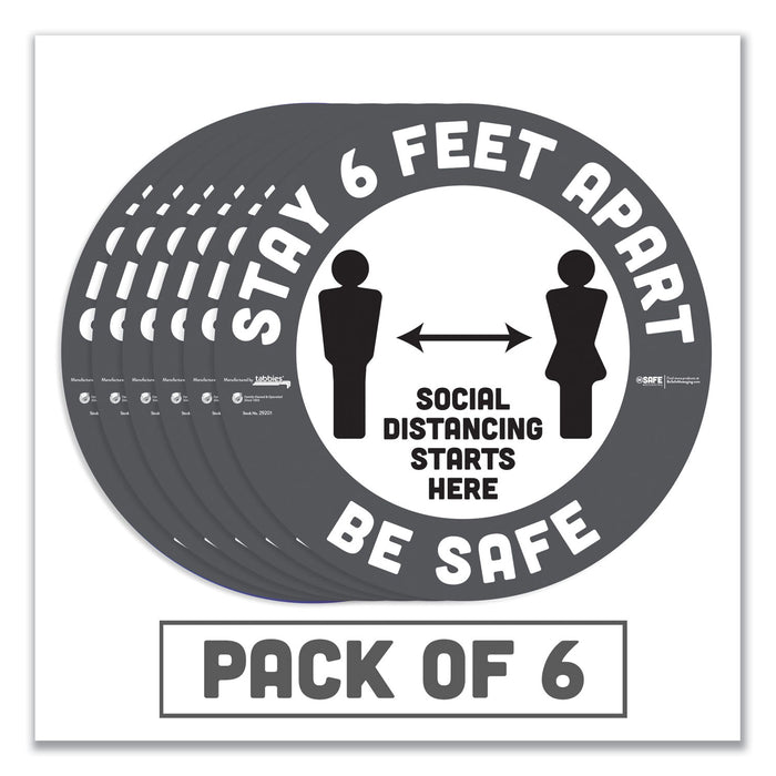 BeSafe Carpet Decals, Stay 6 Feet Apart; Be Safe, 12" Dia, White/Gray, 6/Pack