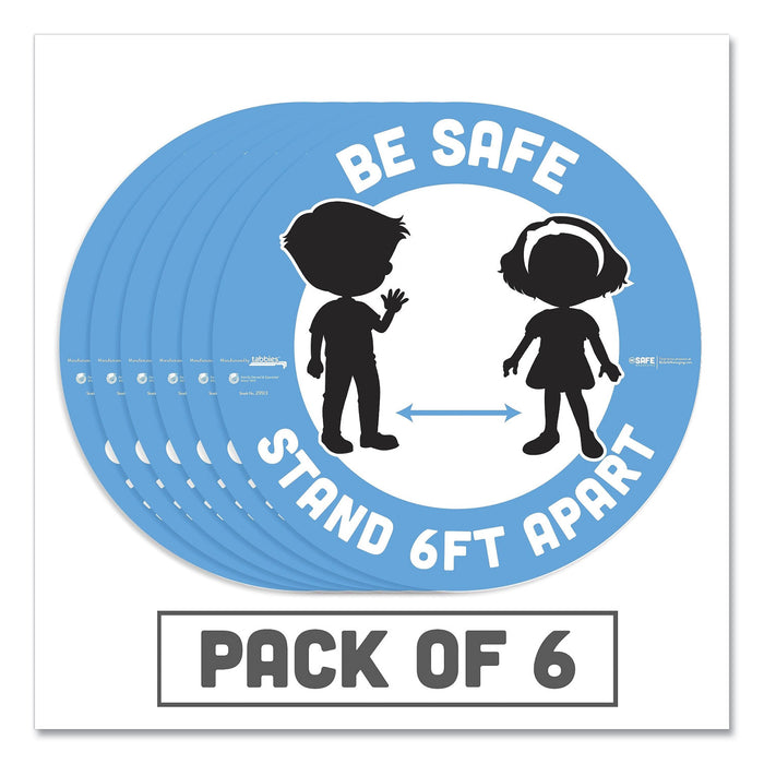 BeSafe Messaging Education Floor Signs, Be Safe; Stand 6 Ft Apart, 12" dia, White/Blue, 6/Pack