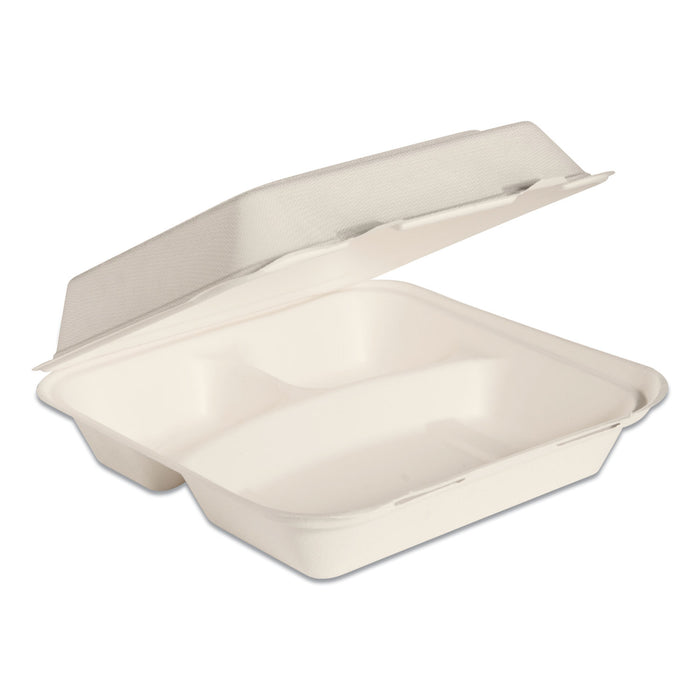 Bare by Solo Eco-Forward Bagasse Hinged Lid Containers, 3-Compartment, 9.6 x 9.4 x 3.2, Ivory, 200/Carton
