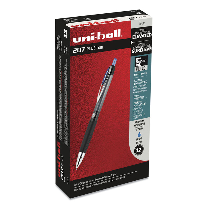 207PLUS+ Gel Rollerball Pen, Medium 0.7 mm, Blue Ink, Black Barrel, Dozen