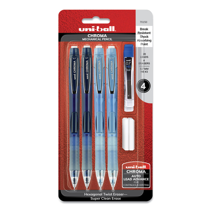 Chroma Mechanical Pencil woth Leasd and Eraser Refills, 0.7 mm, HB (#2), Black Lead, Assorted Barrel Colors, 4/Set