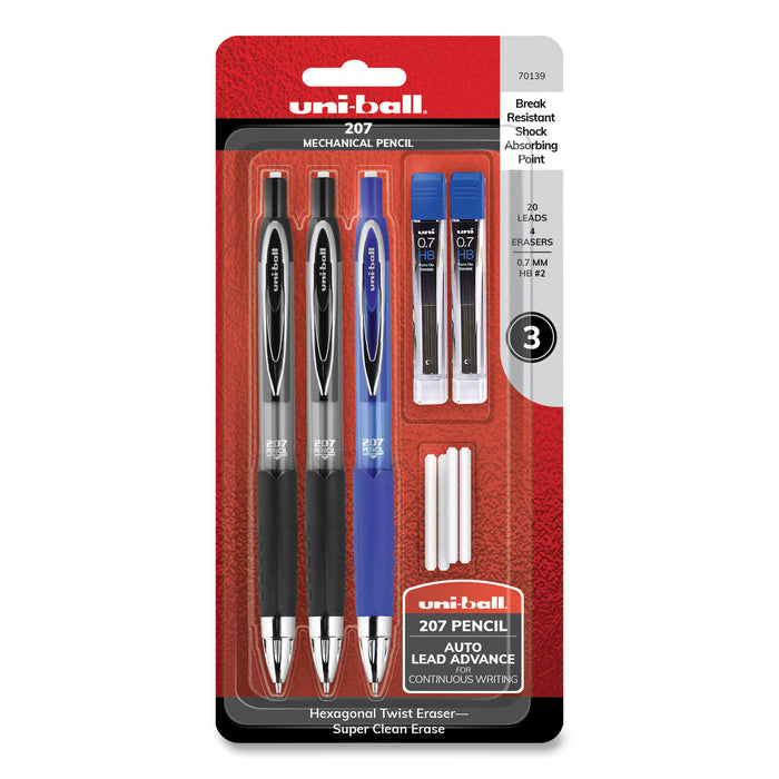 207 Mechanical Pencil with Lead and Eraser Refills, 0.7 mm, HB (#2), Black Lead, Assorted Barrel Colors, 3/Set