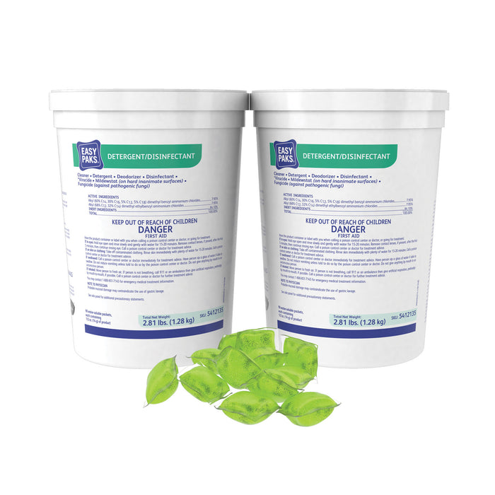 Detergent/Disinfectant, Lemon Scent, .5oz, Packet, 90/Tub, 2 Tubs/Carton