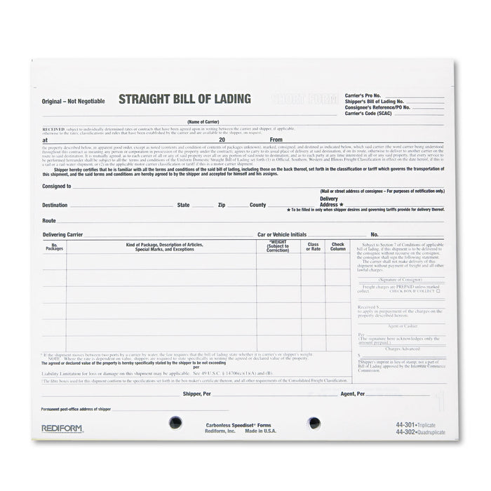 Bill of Lading Short Form, 7 x 8 1/2, Three-Part Carbonless, 250 Forms