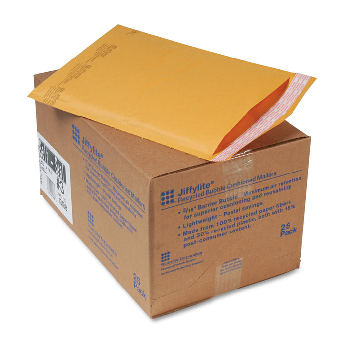 Jiffylite Self-Seal Bubble Mailer, #3, Barrier Bubble Lining, Self-Adhesive Closure, 8.5 x 14.5, Golden Kraft, 25/Carton