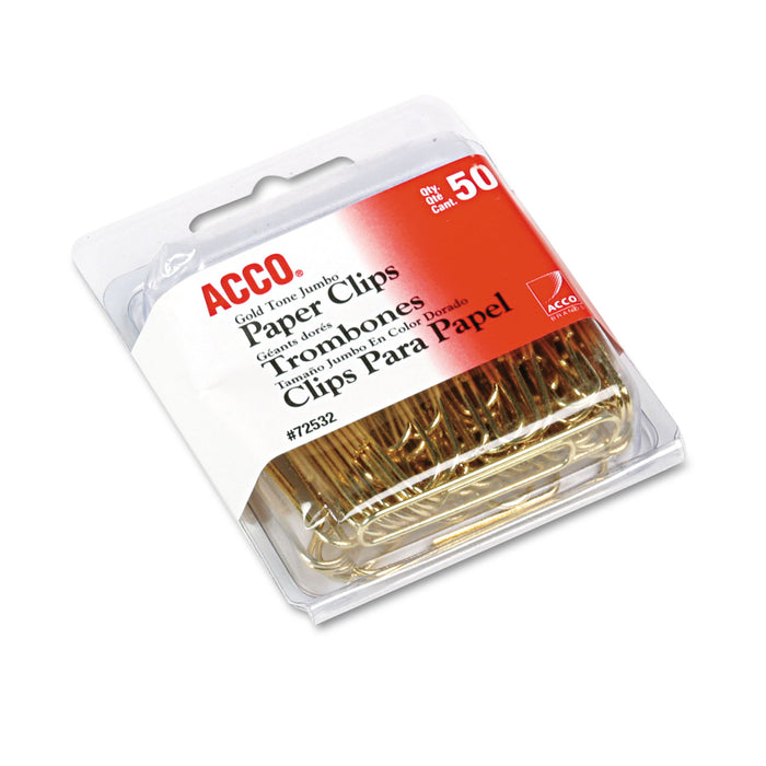 Gold Tone Paper Clips, Jumbo, Gold Tone, 50/Box