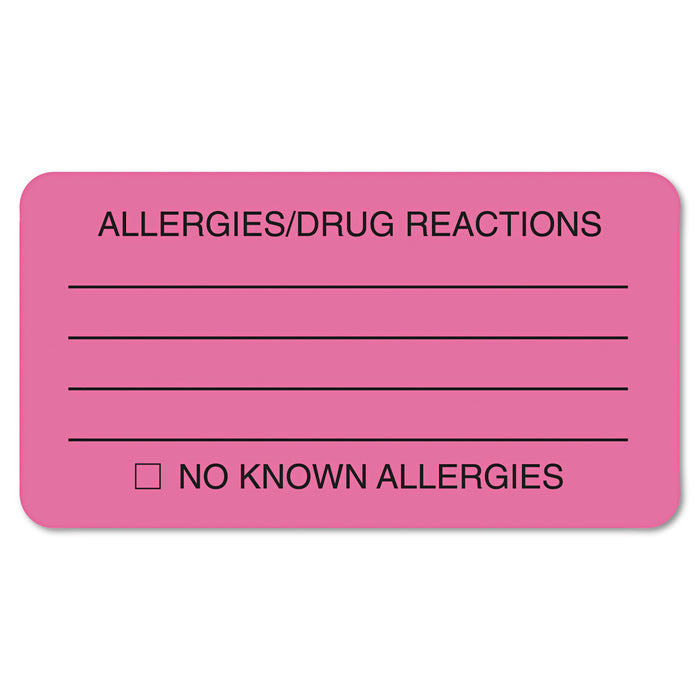 Allergy Warning Labels, ALLERGIES/DRUG REACTIONS NO KNOWN ALLERGIES, 1.75 x 3.25, Pink, 250/Roll